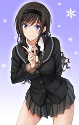  amagami arm_behind_back black_hair black_jacket black_skirt blazer blue_background blue_eyes blush breasts closed_mouth collared_shirt commentary_request denpa_(denpae29) drill_hair female gradient_background highres index_finger_raised jacket kibito_high_school_uniform leaning_forward long_hair long_sleeves medium_breasts miniskirt morishima_haruka pleated_skirt school_uniform shirt skirt smile snowflakes solo wing_collar 