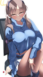  :&gt; absurdres blue_archive breasts brown_eyes brown_hair candy chair drooling female food glasses halo highres jitome katagirinanoka large_breasts lollipop long_hair long_sleeves looking_at_viewer midriff_peek miniskirt moe_(blue_archive) office_chair pantyhose simple_background sitting skirt smile sweater swivel_chair turtleneck twintails white_background 