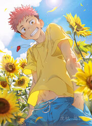  1boy aged_down beitemian blue_pants brown_eyes brown_hair day facial_mark floral_background flower from_below highres itadori_yuuji jujutsu_kaisen looking_at_viewer male_focus midriff_peek outdoors pants petals pink_hair shirt short_hair sky smile solo spiked_hair sunflower sunlight undercut whistle whistle_around_neck wind wind_lift yellow_shirt 