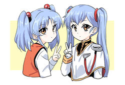  blue_hair blush closed_mouth cropped_arms cropped_torso gloves hair_bobbles hair_ornament hoshino_ruri kidou_senkan_nadesico long_hair long_sleeves looking_at_viewer military military_uniform orange_vest shirt simple_background tonmoh twintails two-tone_background uniform upper_body v vest white_background white_gloves white_shirt yellow_background yellow_eyes 