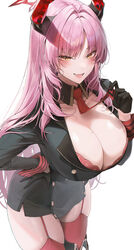  absurdres bad_id bad_pixiv_id black_gloves blue_archive blush boots bra breasts cleavage commentary demon_horns detached_collar fangs female garter_straps gloves grey_jacket halo hand_on_own_hip highres holding_necktie horns huge_breasts jacket knee_boots lace-trimmed_bra lace_trim long_hair looking_at_viewer meoyo military_jacket mole mole_on_breast necktie open_mouth pink_hair red_bra red_horns red_necktie satsuki_(blue_archive) skin_fangs solo thighhighs thighs underwear white_background yellow_eyes 