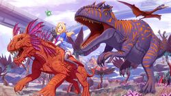  aki_rosenthal animal ark_survival_evolved black_footwear black_thighhighs blonde_hair blue_jacket boots breasts commentary_request day dinosaur dress elbow_gloves female giganotosaurus gloves headgear high_heel_boots high_heels highres hololive jacket long_hair low_twintails medium_breasts mikomiko_(mikomikosu) open_mouth outdoors parted_bangs pleated_dress pterosaur purple_eyes quetzalcoatlus riding short_sleeves solo thigh_boots thighhighs tree twintails very_long_hair virtual_youtuber wavy_mouth white_dress white_gloves 