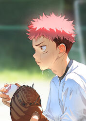  1boy aged_down alternate_costume baseball baseball_mitt baseball_uniform beitemian blurry blurry_background brown_eyes brown_hair facial_mark from_side frown highres itadori_yuuji jujutsu_kaisen lolicon male_focus pink_hair short_hair solo spiked_hair sportswear sweat undercut upper_body 