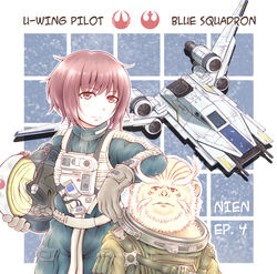  1boy alien animification bistan commentary english_text female gloves grey_gloves helmet holding holding_helmet laren_joma leaning_on_person looking_at_viewer looking_to_the_side nosh pilot_suit rebel_alliance red_eyes red_hair rogue_one:_a_star_wars_story science_fiction spacecraft star_wars u-wing 