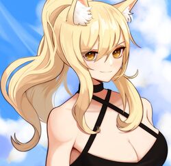  &gt;:) animal_ear_fluff animal_ears arknights bare_shoulders black_choker blonde_hair blue_sky breasts choker cleavage cloud commentary criss-cross_halter day female hair_between_eyes halterneck large_breasts long_hair looking_at_viewer nearl_(arknights) ponytail sidelocks sky smile solo supershrimpcakes upper_body v-shaped_eyebrows yellow_eyes 