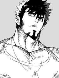  1boy bad_id bad_pixiv_id bara covered_nipples dimension_w dog_tags facial_hair goatee greyscale head_tilt large_pectorals long_sideburns mabataki mabuchi_kyoma male_focus mature_male monochrome muscular muscular_male pectoral_cleavage pectorals short_hair sideburns solo stubble thick_eyebrows upper_body 