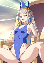  blue_hair blue_hat blue_one-piece_swimsuit braided_hair_rings corruption fate/grand_order fate_(series) female grey_hair hai_(h81908190) hat highleg highleg_leotard highleg_swimsuit leotard long_hair mind_control mitre multicolored_hair one-piece_swimsuit pope_joan_(fate) purple_eyes school_swimsuit solo squatting swimsuit throne two-tone_hair 