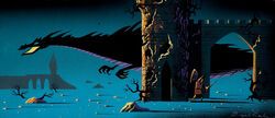  1959 20th_century ancient_art armor castle concept_art disney dragon duo european_mythology eyvind_earle female feral fight gouache_(artwork) hi_res hiding human interspecies knight larger_feral lineless macro male maleficent mammal melee_weapon mythological_creature mythological_scalie mythology official_art outside painting_(artwork) plant prince_phillip_(disney) ruins running scalie shield size_difference sleeping_beauty_(1959) smaller_human sword traditional_media_(artwork) tree warrior weapon western_dragon 