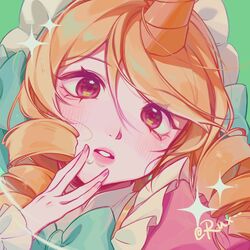  \\// blonde_hair blush bow bowtie cafe_cuties_(league_of_legends) cafe_cuties_soraka colored_skin dress female green_background green_bow green_bowtie hand_on_own_chin hand_on_own_face highres horns league_of_legends long_hair maid maid_headdress parted_lips pink_dress pink_eyes pink_skin ruan_chen_yue simple_background single_horn solo soraka_(league_of_legends) sparkle teeth 