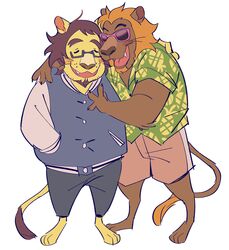  absurd_res aloha_shirt animal_crossing anthro arm_around_shoulders blush bud_(animal_crossing) clothing duo eyewear facial_hair felid freckles glasses hi_res lion male male/male mammal mane mott_(animal_crossing) nintendo pantherine pattern_clothing pattern_shirt pattern_topwear shirt sunglasses tomatomagica topwear 