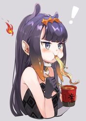  absurdres black_gloves blue_eyes blunt_bangs cheek_bulge chopsticks cup_ramen dadada eating female food gloves gradient_hair highres hololive hololive_english long_hair multicolored_hair ninomae_ina&#039;nis ninomae_ina&#039;nis_(1st_costume) noodles orange_hair pointy_ears purple_hair ramen shin_ramyun sidelocks solo tentacle tentacle_hair virtual_youtuber 