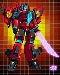  1980s_(style) airplane_wing artist_name autobot clenched_hands energy_sword english_commentary female grid_background guido_guidi holding holding_sword holding_weapon mecha parody retro_artstyle robot solo standing style_parody sword transformers transformers:_generation_1 weapon windblade 