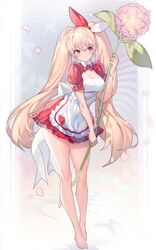  absurdres apron bad_id bad_pixiv_id bare_legs barefoot blonde_hair blush breasts closed_mouth dress female flower full_body hair_between_eyes hair_ribbon highres large_breasts long_hair looking_at_viewer ludaf original petals puffy_short_sleeves puffy_sleeves red_dress red_eyes red_ribbon ribbon short_dress short_sleeves sidelocks smile solo twintails very_long_hair 