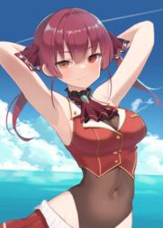  :3 armpits arms_behind_head arms_up artist_name ascot bad_id bad_pixiv_id blue_sky blush breasts brown_eyes brown_leotard closed_mouth covered_navel cropped_vest day female goyain hair_ribbon heterochromia highleg highleg_leotard hololive horizon houshou_marine houshou_marine_(1st_costume) leotard leotard_under_clothes long_hair looking_at_viewer medium_breasts no_headwear ocean outdoors purple_ascot red_eyes red_hair red_ribbon red_skirt red_vest ribbon signature skirt sky sleeveless smile smug solo twintails vest virtual_youtuber water 