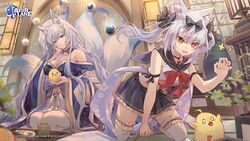  2girls all_fours animal_ears arm_ribbon azur_lane bare_shoulders bird black_skirt blue_eyes blue_kimono bow bowtie breasts cat_ears chick claw_pose crop_top csyday fox_ears fox_girl fox_tail frilled_skirt frills hairbow japanese_clothes kimono kitsune large_breasts large_tail long_hair looking_at_viewer manjuu_(azur_lane) midriff miniskirt multiple_girls multiple_tails off_shoulder official_art open_mouth pleated_skirt red_eyes revealing_clothes ribbon sailor_collar school_uniform seiza serafuku shinano_(azur_lane) shirt sitting skirt sleeveless sleeveless_shirt smile tail thighhighs twintails v-shaped_eyebrows white_hair white_shirt white_thighhighs yukikaze_(azur_lane) zettai_ryouiki 