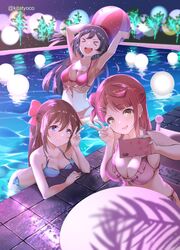  &gt;_&lt; 3girls :d azuna_(love_live!) ball bikini black_hair blue_bikini blue_eyes blunt_bangs bow braid braided_bun breasts brown_hair cellphone cleavage grey_eyes hair_between_eyes hair_bun hair_ornament hairbow hairpin half_updo happy kitatyoco long_hair love_live! love_live!_nijigasaki_high_school_idol_club love_live!_school_idol_festival_all_stars medium_hair multiple_girls night one_side_up orange_hair osaka_shizuku outdoors phone pink_bikini pink_hair ponytail pool poolside red_bikini red_bow selfie sidelocks single_side_bun smile swept_bangs swimsuit uehara_ayumu water wet xd yellow_eyes yuki_setsuna_(love_live!) 