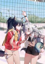  2girls animal_ears arknights beach beach_towel beach_volleyball black_hair blue_sky commentary_request day earrings english_text food inuko_(redconstellation) jacket jewelry lappland_(arknights) licking multiple_girls outdoors popsicle popsicle_stick see-through see-through_jacket sky tail texas_(arknights) towel volleyball_net white_hair wolf_ears wolf_girl wolf_tail 