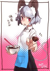  absurdres animal_ears apron black_skirt bowl chocolate_on_hand commentary_request cooking dated female food_on_hand foreshortening from_side grey_hair halftone highres holding holding_bowl long_sleeves looking_at_viewer looking_to_the_side mouse_ears mouse_tail nazrin notice_lines open_mouth parted_lips red_eyes reiga_(act000) shirt short_hair skirt solo standing tail teeth touhou translated upper_teeth_only white_apron white_shirt 