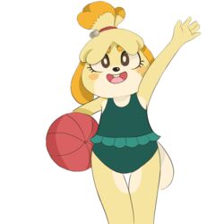  1:1 alpha_channel animal_crossing anthro ball beach_ball buckteeth canid canine canis clothing domestic_dog eyebrows female inflatable isabelle_(animal_crossing) mammal mistic_hobo nintendo one-piece_swimsuit simple_background smile solo swimwear teeth thick_eyebrows transparent_background waving_hand 