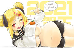  2021 belly between_breasts blonde_hair breasts bright_pupils choker commentary_request cropped_jacket double_bun female food fruit hair_bun happy_new_year heterochromia hikimayu horns jacket large_breasts lying mandarin_orange medium_hair mole mole_on_breast multicolored_hair naik navel new_year on_side open_mouth oppai_mochi original parted_bangs partial_commentary plump red_eyes short_shorts shorts solo streaked_hair track_jacket underboob wide_hips yellow_eyes 