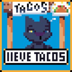  1:1 animated anthro black_body blue_eyes digital_media_(artwork) domestic_cat felid feline felis food loop mammal pixel_(artwork) pixel_animation raven404 short_playtime solo taco text 