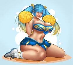  1girls bangs big_breasts big_thighs blonde_hair blue_hair breasts cheerleader cleavage clothed clothing curvy female female_only hair hi_res highres huge_breasts human large_breasts league_of_legends legs legwear long_hair looking_at_viewer midriff multicolored_hair navel orange_eyes plastic-brain pom_poms riot_games shoes short_skirt simple_background sitting skirt small_waist smile sneakers socks solo solo_focus sona_buvelle striped_legwear tennis_shoes thick_thighs tied_hair twintails underboob uniform voluptuous wide_hips 