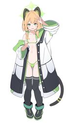  animal_ears arm_up bikini black_footwear black_thighhighs blonde_hair blue_archive blush bow cat_ears cat_tail check_commentary clenched_hand coat collarbone commentary_request embarrassed fake_animal_ears female flat_chest full_body green_bikini green_bow green_eyes green_hood groin hair_ribbon halo highleg highleg_swimsuit highres hood hooded_coat knees_together_feet_apart legs long_sleeves looking_at_viewer lower_teeth_only medium_hair micro_bikini midori_(blue_archive) mikokomiyazawa navel nearly_naked_coat open_clothes open_coat open_mouth ribbon sidelocks solo standing stomach sweatdrop swimsuit tail teeth thighhighs thighs tress_ribbon v white_background white_coat wide_sleeves 