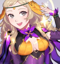  asymmetrical_bangs blonde_hair bodystocking breasts bridal_gauntlets circlet female fire_emblem fire_emblem_fates fire_emblem_heroes flower_ornament grey_background grey_eyes highres leotard long_hair looking_at_viewer medium_breasts official_alternate_costume open_mouth ophelia_(fire_emblem) ophelia_(resplendent)_(fire_emblem) peach11_01 shiny simple_background smile solo sparkle turtleneck wing_cape 