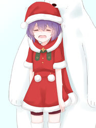  bear bernadetta_von_varley bernadetta_von_varley_(winter) chirun0 closed_eyes commentary dress english_commentary female fire_emblem fire_emblem:_three_houses fire_emblem_heroes hat highres lifting_person mouth_hold open_mouth polar_bear pom_pom_(clothes) purple_hair santa_costume santa_dress santa_hat simple_background tears 