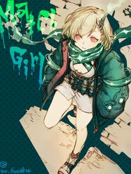  breasts cleavage closed_mouth female from_above full_body graffiti green_hair green_jacket hair_between_eyes hands_in_pockets horns jacket leaning_back little_match_girl_(sinoalice) looking_at_viewer looking_up mu_sinoalice red_eyes red_legwear scarf shoes short_hair single_horn sinoalice smile sneakers solo standing standing_on_one_leg white_footwear 