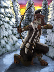  3:4 absurd_res anthro arrow_(weapon) bow_(weapon) brown_body brown_fur canid canine clothing coat crouching dire_wolf evergreen_tree extinct female fur fur_lined_clothing fur_markings hi_res hunting mammal markings morning mountain pine_tree plant prehistoric_species ranged_weapon secrets_of_uncrom sivra_lundvar sky snow snowflake snowing solo sunrise topwear tree uncrom valtalska valtalska_dercas weapon winter yellow_eyes yenocwolf 