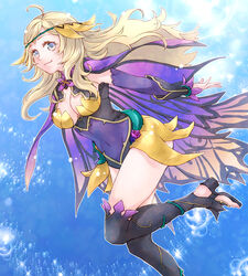  ahoge asymmetrical_bangs blonde_hair blue_background bodystocking breasts bridal_gauntlets cape closed_mouth covered_navel ebi_puri_(ebi-ebi) female fire_emblem fire_emblem_fates fire_emblem_heroes grey_eyes high_heels kneehighs leotard long_hair looking_at_viewer medium_breasts official_alternate_costume ophelia_(fire_emblem) ophelia_(resplendent)_(fire_emblem) plant shiny simple_background smile socks solo sparkle thighs toeless_footwear toeless_legwear upper_body vines wing_cape 