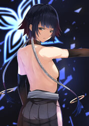  arm_up back backless_dress backless_outfit bare_back bare_shoulders black_dress black_eyes black_hair bleach blunt_bangs blush breasts commentary_request dark_background dress female from_behind glowing long_hair looking_at_viewer looking_back medium_breasts outstretched_arm parted_lips serious sideboob solo sui-feng tomura2maru v-shaped_eyebrows very_long_hair 