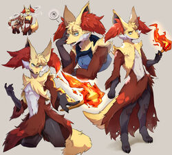  anthro athletic athletic_anthro athletic_male black_body black_fur brown_body brown_fur canid canine cheek_tuft clothed clothing delphox duo ellipsis english_text facial_tuft fire fluffy fur generation_6_pokemon grey_background head_tuft heart_symbol hi_res looking_at_viewer male mammal mega_evolution mega_lopunny multiple_images nintendo nude pokemon pokemon_(species) pose remibun simple_background solo text tuft yellow_body yellow_fur 