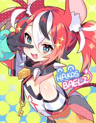  animal_ear_fluff animal_ears bare_shoulders black_gloves black_hair blue_eyes character_name cheese collar detached_sleeves female food gloves green_background hakos_baelz hakos_baelz_(1st_costume) highres hololive hololive_english key korean_commentary looking_at_viewer mouse_ears mouse_girl mouse_tail multicolored_hair oerba_yun_fang open_mouth pleated_skirt red_hair skirt smile solo sparkle tail twintails v_over_eye virtual_youtuber white_hair yotte 