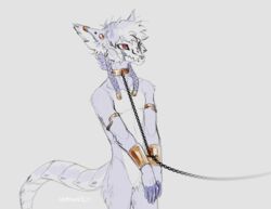  2022 anthro armor arms_tied black_chain bound bracers braided_hair chain_leash chained chained_cuffs chains collar countershade_torso countershading ear_piercing ear_ring fur gold_(metal) gold_collar hair ishimaurell leash male metal_collar myungsu_(ishimaurell) piercing portrait purple_body purple_fur purple_hair red_eyes restraints ring_piercing simple_background skulldog_(species) solo three-quarter_portrait white_background white_body white_countershading white_fur 