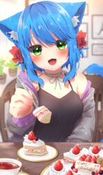  :d animal_ears black_shirt blue_hair blue_string blurry blurry_background blush bow breasts cafe cake cat_ears cleavage cup fangs feeding female food fork green_eyes hairbow highres holding holding_fork jacket medium_breasts medium_hair mia_(michiru_donut) michiru_donut open_mouth original red_bow restaurant sample_watermark shirt smile solo table tea teacup watermark 