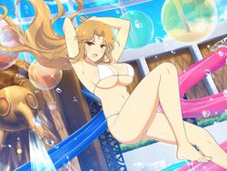  armpits balloon bikini blonde_hair blue_sky blush breasts bush cleavage cliff cloud daidouji_(senran_kagura) day elephant_statue female groin halterneck highres indoors large_breasts light_particles long_hair looking_at_viewer micro_bikini mole mole_under_eye navel official_art open_mouth parted_bangs plant pool red_eyes senran_kagura senran_kagura_new_link senran_kagura_shoujo-tachi_no_shin&#039;ei shiny_skin sideboob sky skylight skylight_(architecture) slide smile solo sparkle splashing statue stomach stone_wall sunlight swimsuit thighs tongue v-shaped_eyebrows wall water water_drop water_slide waterfall waterpark white_bikini yaegashi_nan 