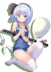  absurdres black_hairband black_ribbon blue_one-piece_swimsuit female full_body green_eyes grey_hair hair_ribbon hairband highres isemori konpaku_youmu konpaku_youmu_(ghost) looking_at_viewer old_school_swimsuit on_one_knee one-piece_swimsuit ribbon school_swimsuit sheath sheathed short_hair simple_background solo swimsuit sword tassel thighhighs touhou weapon white_background white_thighhighs 