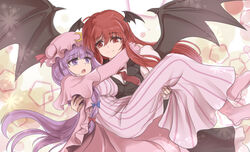  2girls :o black_vest blue_bow bow breasts capelet carrying closed_mouth commentary crescent crescent_hat_ornament crescent_pin demon_wings dress eye_contact flower_(symbol) hairbow hat hat_ornament hat_ribbon head_wings highres koakuma large_breasts long_hair long_sleeves looking_at_another mob_cap multiple_girls namiki_(remiter00) necktie open_mouth patchouli_knowledge pentagon_(shape) pink_capelet pink_footwear pink_robe princess_carry purple_eyes red_bow red_eyes red_hair red_necktie red_ribbon ribbon robe shirt smile striped_clothes striped_dress touhou very_long_hair vest white_shirt wings yuri 