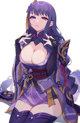  adjusting_bow bow bowtie braid breasts cleavage commentary_request detached_collar female genshin_impact hair_between_eyes highres japanese_clothes kimono long_hair looking_at_viewer low_ponytail mole mole_under_eye obi parted_lips purple_eyes purple_hair purple_legwear raiden_shogun santa_(sunflower) sash short_kimono sidelocks simple_background single_braid solo vision_(genshin_impact) white_background wide_sleeves 