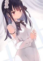  absurdres arm_strap black_bow black_bowtie black_hair black_ribbon blush bow bowtie closed_mouth detached_sleeves dress dutch_angle ear_piercing earrings female hair_ribbon headdress highres jewelry kashuu_(pixiv_66328082) long_hair looking_at_viewer original own_hands_together piercing red_eyes ribbon simple_background solo stud_earrings white_dress white_sleeves 