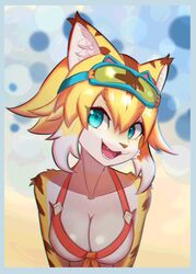  :3 :d animal_nose aqua_eyes bikini breasts cleavage female furry furry_female goggles goggles_on_head hair_between_eyes looking_at_viewer mia_(world_flipper) short_hair sidelocks smile solo striped_fur swimsuit thick_eyebrows tiger_girl tp10 upper_body world_flipper 