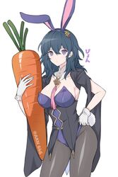  akina_(akn_646) animal_ears bangs between_breasts black_legwear blue_eyes blue_hair blue_leotard blush breasts bunny_ears bunny_tail bunnysuit byleth_(fire_emblem) byleth_(fire_emblem)_(female) carrot cleavage closed_mouth commentary_request eyebrows_visible_through_hair fake_animal_ears fake_tail female fire_emblem fire_emblem:_three_houses gloves holding large_breasts leotard looking_at_viewer pantyhose simple_background solo strapless strapless_leotard tail tassel translation_request twitter_username white_background white_gloves 