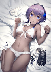  bangs banned_artist bed_sheet bikini black_hairband blush breasts dark_skin fate/grand_order fate/prototype fate/prototype:_fragments_of_blue_and_silver fate_(series) female flower fujimaru_ritsuka_(male) hair_between_eyes hair_flower hair_ornament hairband hassan_of_serenity_(fate) king_hassan_(fate/grand_order) kyoeiki looking_at_viewer lying navel on_back parted_bangs purple_eyes purple_hair short_hair skull_mask smile solo swimsuit thighs toy white_bikini 