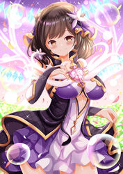  blush breasts bridal_gauntlets brown_eyes brown_hair closed_mouth commentary_request commission cowboy_shot dress female hand_up highres large_breasts layered_dress looking_at_viewer ongeki pleated_dress purple_dress sakurai_haruna_(ongeki) skeb_commission smile solo xenon_(for_achieve) 