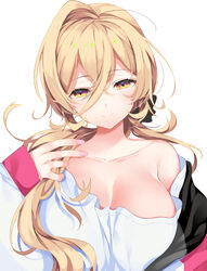  ariko_youichi bare_shoulders blonde_hair blush breasts cleavage closed_mouth collarbone commentary female hair_between_eyes large_breasts long_hair looking_at_viewer nijisanji nui_sociere nui_sociere_(2nd_costume) shirt solo upper_body very_long_hair virtual_youtuber white_background white_shirt yellow_eyes 