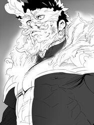  1boy bad_id bad_pixiv_id bara beard bodysuit boku_no_hero_academia covered_abs covered_nipples endeavor_(boku_no_hero_academia) facial_hair from_below greyscale large_pectorals mabataki male_focus mature_male monochrome muscular muscular_male pectorals short_hair solo spiked_hair superhero_costume sweatdrop upper_body 