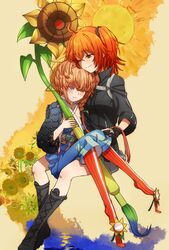  2girls ahoge blue_eyes boots braid brown_hair crying crying_with_eyes_open fate/grand_order fate_(series) flower fujimaru_ritsuka_(female) fujimaru_ritsuka_(female)_(polar_chaldea_uniform) hat multiple_girls oiun one_eye_closed orange_eyes orange_hair side_ponytail sitting sitting_on_lap sitting_on_person smile sunflower tears van_gogh_(fate) 