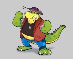  2022 alligator alligatorid anthro biped brok_(brok_the_investigator) brok_the_investigator clothing countershading cowcat_games crocodilian green_body hat headgear headwear hi_res humanoid_hands male maxawumba one_eye_closed reptile scalie shirt simple_background slightly_chubby solo topwear 